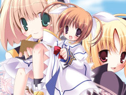 Rule 34 | 00s, 3girls, blonde hair, blue eyes, bow, cape, fate testarossa, fingerless gloves, gloves, hat, jacket, lyrical nanoha, magic circle, magical girl, mahou shoujo lyrical nanoha, mahou shoujo lyrical nanoha a&#039;s, multiple girls, purple eyes, red bow, red eyes, red hair, takamachi nanoha, takamachi nanoha (sacred mode), twintails, unison (nanoha), yagami hayate