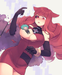 Rule 34 | 1girl, animal ears, areola slip, artificial eye, blush, breasts, cat ears, dress, drill hair, elbow gloves, falling, gloves, large breasts, long hair, mechanical eye, open mouth, red eyes, red hair, sei asagiri, solo, stella hoshii, torn clothes, va-11 hall-a, y (35504109)