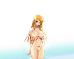 Rule 34 | 1girl, arms behind back, beach, blonde hair, blue eyes, blush, bow, breasts, cameltoe, covered erect nipples, hima, huge breasts, long hair, skinny, slender, slingshot swimsuit, solo, swimsuit, wallpaper, water