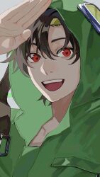 Rule 34 | 1boy, 510 gotoudayo, black hair, goggles, goggles on head, grey background, hair between eyes, hand up, highres, hood, hood up, hoodie, kagerou project, looking at viewer, male focus, open mouth, portrait, red eyes, salute, seto kousuke, short hair, simple background, smile, solo