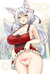 Rule 34 | 1girl, animal ear fluff, animal ears, bandaid, bandaid on pussy, bare arms, bare shoulders, blush, breasts, cleavage, collarbone, commentary request, cowboy shot, fox ears, hair ornament, hairclip, heterochromia, highres, large breasts, long hair, looking at viewer, no panties, original, parted lips, pubic tattoo, red eyes, sky-freedom, smile, solo, tattoo, thick eyebrows, thighs, yellow eyes