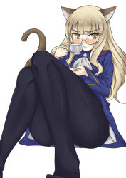 Rule 34 | 1girl, animal ears, bad id, bad pixiv id, blonde hair, blush, cat ears, cat tail, cup, glasses, komusou (jinrikisha), legs, long hair, looking at viewer, military, military uniform, panties, panties under pantyhose, pantyhose, perrine h. clostermann, rimless eyewear, saucer, simple background, sitting, solo, strike witches, tail, teacup, thighs, underwear, uniform, world witches series, yellow eyes
