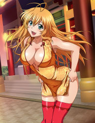 Rule 34 | 1girl, :d, alternate costume, antenna hair, bare arms, blonde hair, blush, breasts, china dress, chinese clothes, cleavage, collarbone, day, dress, fangs, floating hair, green eyes, hair between eyes, ikkitousen, large breasts, long hair, open mouth, outdoors, panties, print dress, red thighhighs, shiny skin, short dress, sleeveless, sleeveless dress, smile, solo, sonsaku hakufu, standing, thighhighs, underwear, very long hair, yellow dress