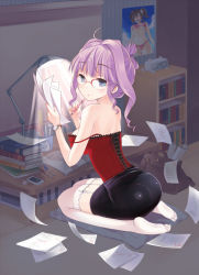 Rule 34 | 1girl, ass, bare shoulders, batgo, blue eyes, blush, breasts, glasses, kaku-san-sei million arthur, large breasts, looking at viewer, looking back, million arthur (series), miniskirt, original, poster (object), purple hair, skirt, solo, strap slip, thighhighs, when you see it