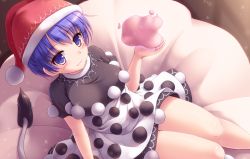 Rule 34 | 1girl, :3, bed sheet, blob, blue eyes, blue hair, blush, commentary, doremy sweet, dream soul, dress, hat, highres, light particles, looking at viewer, lzh, multicolored clothes, multicolored dress, nightcap, pom pom (clothes), short hair, short sleeves, solo, tail, tapir tail, thighs, touhou