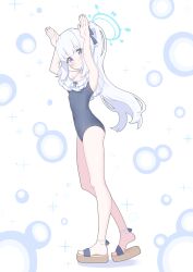 Rule 34 | 1girl, arms up, bare arms, bare legs, bare shoulders, black one-piece swimsuit, blue archive, blue halo, blush, breasts, closed mouth, frilled one-piece swimsuit, frills, full body, grey hair, halo, highres, long hair, looking at viewer, miyako (blue archive), miyako (swimsuit) (blue archive), off-shoulder one-piece swimsuit, off shoulder, official alternate costume, one-piece swimsuit, ponytail, purple eyes, rabbit pose, sandals, small breasts, smile, solo, swimsuit, tadano water