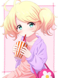 Rule 34 | 1girl, antenna hair, bag, blonde hair, blush, closed mouth, collarbone, commentary request, cup, disposable cup, dress, drinking straw, green eyes, holding, holding cup, idolmaster, idolmaster cinderella girls, jacket, long sleeves, looking at viewer, pink dress, purple jacket, shoulder bag, sleeves past wrists, solo, sui. (ayase), swept bangs, twintails, yusa kozue