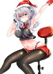 Rule 34 | 10s, 1girl, armpits, black gloves, blush, breasts, chair, gloves, grey eyes, hat, hip focus, kantai collection, kashima (kancolle), mike.zen, navel, office chair, pantyhose, red gloves, santa hat, silver hair, smile, solo, stretching, sweat, swivel chair, transparent background, twintails