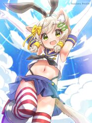 Rule 34 | 1boy, :d, ahoge, animal ear fluff, animal ears, armpits, arms up, blonde hair, blue sailor collar, blue skirt, blue sky, blush, bow, cat ears, cat tail, cloud, cosplay, crop top, day, elbow gloves, fang, fish hair ornament, gloves, green eyes, hair bow, hair ornament, hazakura hinata, highleg, highleg panties, highres, kantai collection, looking at viewer, open mouth, original, panties, rabbit ears, sailor collar, shimakaze-kun, shimakaze (kancolle), shimakaze (kancolle) (cosplay), sidelocks, signature, skin fang, skirt, sky, smile, striped clothes, striped thighhighs, tail, tareme, thighhighs, trap, underwear, white gloves, yellow bow