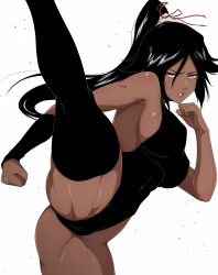 1girl absurdres black_hair black_leotard black_thighhighs bleach breasts clenched_hands dark-skinned_female dark_skin groin hair_between_eyes hair_ribbon high_kick highleg highleg_leotard highres kicking large_breasts legs leotard long_hair looking_at_viewer muscular muscular_female nishizuki_shino parted_bangs ponytail ribbon shihouin_yoruichi sideboob solo standing standing_on_one_leg thighhighs toned toned_female white_background yellow_eyes