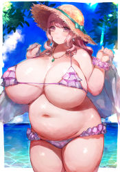 Rule 34 | 1girl, belly, bikini, blush, breasts, c.cu, cleavage, eyebrows, hat, huge breasts, jewelry, long hair, navel, necklace, plump, smile, solo, stomach, swimsuit, thick thighs, thighs