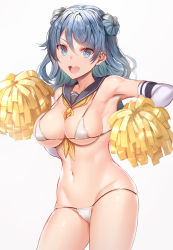 Rule 34 | 1girl, absurdres, adapted costume, bikini, blue eyes, blue hair, blush, breasts, collarbone, cowboy shot, double bun, elbow gloves, gloves, groin, hair between eyes, hair bun, highres, holding, holding pom poms, interstellar, kantai collection, looking at viewer, medium breasts, medium hair, navel, open mouth, pom pom (cheerleading), pom poms, round teeth, simple background, smile, solo, swimsuit, teeth, upper teeth only, urakaze (kancolle), white background, white bikini, white gloves