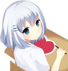 Rule 34 | 1girl, blue eyes, closed mouth, date a live, from above, from behind, hair between eyes, hair ornament, hairclip, holding, holding pen, looking at viewer, looking back, oreocookie123, pen, shirt, short hair, short sleeves, silver hair, simple background, solo, tobiichi origami, upper body, white background, white shirt
