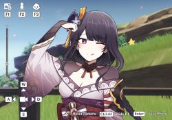 Rule 34 | 1girl, armor, braid, breasts, bridal gauntlets, cleavage, closed mouth, commentary, english commentary, floral print, flower, gameplay mechanics, genshin impact, hair ornament, highres, japanese clothes, kimono, large breasts, lix (iroiro3843), long hair, long sleeves, looking at viewer, mitsudomoe (shape), mole, mole under eye, obi, obiage, obijime, one eye closed, purple eyes, purple flower, purple hair, raiden shogun, ribbon, sash, shoulder armor, solo, star (symbol), tassel, tomoe (symbol), tongue, tongue out