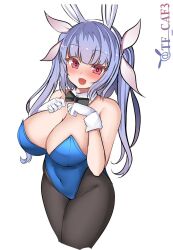 Rule 34 | 1girl, alternate costume, animal ears, black pantyhose, blue hair, blue leotard, bow, bowtie, covered navel, detached collar, fake animal ears, fake tail, flower-shaped pupils, highres, i-19 (kancolle), kantai collection, leotard, long hair, looking at viewer, open mouth, pantyhose, playboy bunny, rabbit ears, rabbit tail, red eyes, ribbon, simple background, smile, strapless, strapless leotard, symbol-shaped pupils, tail, tf cafe, traditional bowtie, tri tails, twintails, twitter username, white background, wrist cuffs