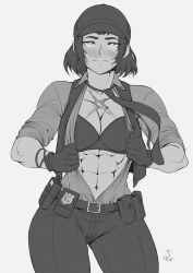 Rule 34 | 1girl, abs, absurdres, badge, blush, bra, breasts, cleavage, gloves, greyscale, hat, highres, large breasts, looking at viewer, monochrome, muscular, muscular female, necktie, open clothes, open shirt, original, police, police uniform, policewoman, scar, scar on chest, shirt, short hair, simple background, solo, speedl00ver, sweat, underwear, undressing, uniform, walkie-talkie