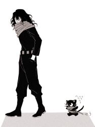 Rule 34 | 1boy, bags under eyes, belt, boku no hero academia, cat, chococat, cosplay, crossover, eraser head (boku no hero academia), eraser head (boku no hero academia) (cosplay), facial hair, from side, full body, hair between eyes, hand in pocket, looking at another, looking back, male focus, messy hair, monochrome, mustache, rnuyvm, running, sanrio, scarf
