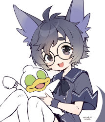 Rule 34 | 2boys, :3, animal ears, artist name, bkub (vtuber), black-framed eyewear, black bow, black eyes, blonde hair, blue hair, blue shirt, blue shorts, blue tail, bow, bowtie, commentary request, cup, dated, dual persona, duckman, eyewear visible through hair, glasses, green eyes, grey hair, highres, holding, holding cup, indie virtual youtuber, kanya pyi, looking at viewer, male focus, multicolored hair, multiple boys, no pupils, open mouth, over-kneehighs, round eyewear, school uniform, shirt, short eyebrows, shorts, simple background, single wrist cuff, smile, socks, swept bangs, teeth, thighhighs, upper teeth only, virtual youtuber, voice actor connection, white background, white socks, wrist cuffs