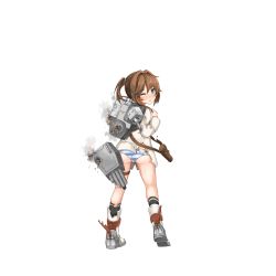 Rule 34 | 15k, 1girl, ass, black socks, blue eyes, blush, blush stickers, boots, bottomless, broken, brown hair, cannon, coat, damaged, from behind, full body, holster, long sleeves, looking at viewer, looking back, machinery, military, military uniform, official art, one eye closed, open mouth, panties, pocket, short ponytail, socks, solo, striped clothes, striped panties, thigh strap, torn clothes, torpedo, transparent background, turret, underwear, uniform, warship girls r, white coat, white footwear, z1 leberecht maass (warship girls r)