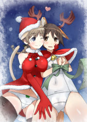 Rule 34 | 2girls, animal ears, antlers, bad anatomy, bad id, bad pixiv id, bare shoulders, bdsm, bell, black legwear, blue eyes, blush, bondage, bound, bound wrists, bow, braid, breasts, brown eyes, brown hair, capelet, cat ears, cat tail, cheek-to-cheek, christmas, dog ears, dog tail, elbow gloves, fake animal ears, fat mons, gloves, hand on another&#039;s cheek, hand on another&#039;s face, hand on thigh, hat, heads together, heart, horns, large breasts, long hair, lynette bishop, miyafuji yoshika, multiple girls, one-piece swimsuit, one eye closed, open mouth, panties, red gloves, reindeer, santa costume, santa hat, school swimsuit, short hair, single braid, smile, strike witches, sweatdrop, swimsuit, tail, thighhighs, underwear, white one-piece swimsuit, white school swimsuit, wink, world witches series, zumi (tk)