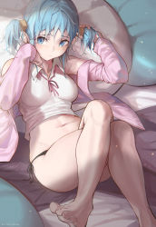 Rule 34 | 1girl, absurdres, adjusting hair, artist name, barefoot, bed, biittertaste, black panties, blue eyes, blue hair, breasts, closed mouth, crop top, crossed legs, cube hair ornament, hair ornament, hand on own cheek, hand on own face, highres, long sleeves, medium breasts, midriff, naganohara mio, navel, nichijou, open clothes, panties, pink sweater, red ribbon, ribbon, shirt, short hair, short twintails, side-tie panties, sidelocks, sitting, solo, stomach, sweater, thighs, toes, twintails, underwear, white shirt