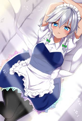 Rule 34 | 1girl, absurdres, apron, arms up, bad id, bad pixiv id, black pantyhose, blue eyes, blue skirt, blush, bow, braid, commentary request, hair between eyes, hair bow, highres, izayoi sakuya, looking at viewer, lying, maid headdress, on back, pantyhose, parted lips, partial commentary, shinonome asu, short sleeves, side braids, silver hair, skirt, solo, touhou, twin braids, unconnected marketeers, waist apron, waist bow