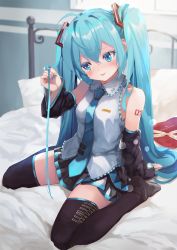 Rule 34 | 1girl, aqua eyes, aqua hair, aqua nails, aqua necktie, bare shoulders, bed, bed frame, black skirt, black sleeves, black thighhighs, blush, box, commentary, crying, crying with eyes open, detached sleeves, full body, furrowed brow, grey shirt, hair ornament, twirling hair, hatsune miku, heart-shaped box, highres, long hair, miniskirt, nail polish, necktie, parted lips, piano print, pillow, pleated skirt, seiza, shirt, shoulder tattoo, sitting, skirt, sleeveless, sleeveless shirt, solo, takepon1123, tattoo, tears, thighhighs, twintails, valentine, very long hair, vocaloid, window, zettai ryouiki