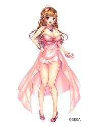 Rule 34 | 1girl, bare shoulders, blush, bracelet, braid, breasts, brown eyes, brown hair, cleavage, company name, dress, earrings, floral print, full body, hand on own hip, high heels, jewelry, large breasts, long hair, looking at viewer, necklace, official art, open mouth, pink dress, pink footwear, sega, simple background, sleeveless, sleeveless dress, solo, standing, tachi-e, white background, yuzutosen