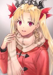 Rule 34 | 1girl, black headwear, blonde hair, coat, commentary request, earrings, ereshkigal (fate), fate/grand order, fate (series), hair ribbon, highres, infinity symbol, jewelry, long hair, looking at viewer, matatabi kikuno, parted bangs, red coat, red eyes, red ribbon, ribbon, scarf, smile, solo, tiara, two side up, upper body, very long hair, winter clothes, winter coat