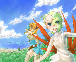 Rule 34 | 1boy, 2girls, :d, ^ ^, blue eyes, bosch 1/64, breasts, breath of fire, breath of fire v, closed eyes, closed mouth, cloud, commentary request, day, dress, closed eyes, eyes visible through hair, facial mark, full-body tattoo, grass, green hair, hair over one eye, lin (breath of fire), long hair, looking at viewer, multiple girls, nina (breath of fire v), open mouth, outstretched arms, red wings, short hair, sideboob, sky, smile, syari18192, tattoo, white dress, wings