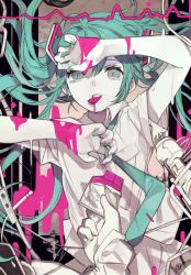 Rule 34 | 1girl, abstract background, absurdres, aqua eyes, aqua hair, aqua nails, aqua necktie, arms up, bags under eyes, blood, blood on arm, buttons, candy, chocolate, chocolate bar, commentary request, crossed arms, disembodied limb, eyelashes, food, food in mouth, giving, hatsune miku, highres, holding, holding food, intravenous drip, kusare gedou to chokorewito (vocaloid), limited palette, long hair, looking at viewer, nail polish, necktie, object request, parody request, pink blood, pleated skirt, shirt, short sleeves, skirt, solo, tokiwata soul, twintails, upper body, vocaloid, white shirt, white skirt