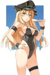 Rule 34 | 10s, 1girl, anchor, armpits, bismarck (kancolle), black hat, black one-piece swimsuit, blonde hair, blue eyes, blush, breasts, cleavage, food, hair between eyes, halterneck, hand on own hip, hat, highleg, highleg swimsuit, holding, holding food, kantai collection, large breasts, long hair, looking at viewer, ohta yuichi, one-piece swimsuit, peaked cap, popsicle, solo, standing, sweat, swimsuit, thigh strap, tongue, tongue out, wrist cuffs