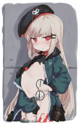 Rule 34 | 1girl, bad id, bad pixiv id, bag, beret, black-framed eyewear, black hat, black nails, black neckwear, black shirt, blush, breasts, covering crotch, covering privates, fingernails, fur-trimmed jacket, fur trim, girls&#039; frontline, glasses, green jacket, groin, hair ornament, hairclip, hat, highres, holding, holding removed eyewear, jacket, kylin, light brown hair, long hair, looking at viewer, nail polish, navel, open clothes, open jacket, parted lips, red eyes, round eyewear, satchel, shirt, skull print, small breasts, solo, sweat, thighhighs, torn clothes, torn shirt, torn thighhighs, type 80 (girls&#039; frontline), unworn eyewear, very long hair