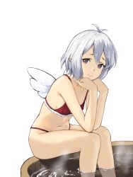 Rule 34 | 1girl, angel wings, antenna hair, bath, bikini, commentary request, grey hair, highres, kokkoro (princess connect!), medium hair, navel, pointy ears, princess connect!, red bikini, red eyes, shin (shincrz), sitting, smile, soaking feet, solo, steam, swimsuit, wings