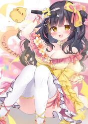 Rule 34 | 1girl, :d, arm up, bare shoulders, black hair, blunt bangs, blush, bow, breasts, brown eyes, chim voice, choker, cleavage, detached sleeves, dress, eyebrows hidden by hair, flower, foot out of frame, frills, hair bow, hair bun, hair flower, hair ornament, highres, holding, knees up, lace, lace-trimmed dress, lace trim, large breasts, long hair, looking at viewer, microphone, off shoulder, open mouth, original, red ribbon, ribbon, sample watermark, shoes, single thighhigh, smile, solo, stuffed animal, stuffed toy, thighhighs, watermark, white thighhighs