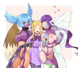 Rule 34 | 3girls, belt, bikini, black pantyhose, black scarf, blonde hair, blue eyes, blue hair, blush, boots, bow, bowtie, breasts, butterfly hair ornament, butterfly wings, buttons, claws, cleavage, closed eyes, collared shirt, commentary request, covered eyes, cowboy shot, digimon, digimon (creature), digimon frontier, double-breasted, facial mark, fairimon, feathered wings, garter straps, gloves, groin, hair between eyes, hair ornament, hair wings, hairband, hands up, heart, highleg, highleg bikini, highres, insect wings, large breasts, locked arms, long hair, long sleeves, looking at another, lower teeth only, mask, minamikuru, mouth mask, multiple girls, navel, official alternate costume, open mouth, orimoto izumi, pantyhose, parted bangs, pink garter straps, purple belt, purple bikini, purple bow, purple bowtie, purple footwear, purple hair, purple hairband, purple shirt, purple skirt, scarf, school uniform, shirt, shoulder pads, shutumon, sidelocks, skirt, skirt set, smile, standing, stomach, swimsuit, teeth, thigh boots, visor, wings