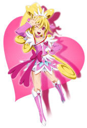 Rule 34 | 1girl, ;d, aida mana, arm up, arm warmers, bike shorts, bike shorts under skirt, blonde hair, boots, bow, brooch, choker, cure heart, curly hair, dokidoki! precure, full body, half updo, hand on own hip, heart, heart brooch, kenbi (hi himmy), knee boots, long hair, magical girl, mosaic background, name connection, object namesake, one eye closed, open mouth, pink background, pink bow, pink eyes, pink footwear, ponytail, precure, ribbon, shorts, shorts under skirt, skirt, smile, solo, grid background, wink
