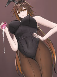 Rule 34 | 1girl, animal ears, black pantyhose, breasts, brown background, brown hair, covered navel, cum, fake animal ears, feet out of frame, fingernails, from above, genderswap, genderswap (mtf), genshin impact, hand on own hip, highres, holding, large breasts, leotard, long hair, nail polish, neri aisu, pantyhose, playboy bunny, rabbit ears, red nails, sex toy, solo, standing, tenga, yellow eyes, zhongli (genshin impact)