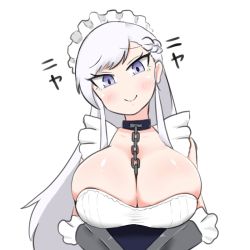 Rule 34 | 1girl, azur lane, belfast (azur lane), between breasts, blush, braid, breasts, chain, chain between breasts, cleavage, collar, frills, head tilt, large breasts, long hair, looking at viewer, madoro, maid, maid headdress, purple eyes, silver hair, simple background, smile, solo, upper body, white background
