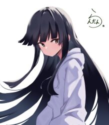 Rule 34 | 1girl, alternate costume, artist name, black hair, blunt bangs, brown eyes, drawstring, hatsuyuki (kancolle), highres, hime cut, hood, hooded sweater, kantai collection, lanthan, long hair, simple background, solo, sweater, upper body, white background, white sweater