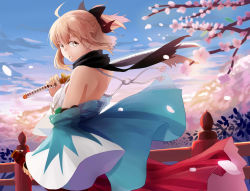 Rule 34 | 1girl, ahoge, artoria pendragon (all), artoria pendragon (fate), back, bare back, bare shoulders, cherry blossoms, fate/grand order, fate (series), half updo, highres, katana, koha-ace, looking at viewer, looking back, okamin, okita souji (fate), okita souji (koha-ace), over shoulder, pink hair, ponytail, saber (fate), scarf, shinsengumi, solo, sword, sword over shoulder, type-moon, weapon, weapon over shoulder, wide sleeves, yellow eyes