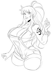 Rule 34 | 1girl, armpits, bare shoulders, bracelet, breasts, cleavage, collarbone, curvy, female focus, highres, jewelry, large breasts, long hair, looking at viewer, monochrome, nami (one piece), one piece, orangekisses, overalls, pockets, ponytail, smile, solo, tattoo, thick thighs, thighs, wide hips