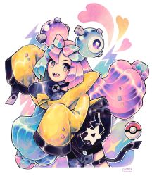 Rule 34 | 1girl, artist name, blue hair, bow-shaped hair, caomor, commentary, creatures (company), game freak, heart, highres, iono (pokemon), long hair, looking at viewer, multicolored hair, nintendo, open mouth, pink hair, poke ball, poke ball (basic), pokemon, pokemon sv, sharp teeth, simple background, single leg pantyhose, sleeves past fingers, sleeves past wrists, smile, solo, split-color hair, teeth, twintails, twitter username, two-tone hair, upper teeth only, white background, wide sleeves