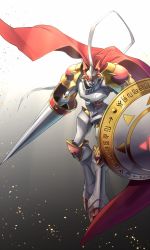 Rule 34 | armor, belt, cape, commentary request, digimoji, digimon, digimon (creature), digital hazard, dukemon, floating cape, gradient background, hawe king, helmet, highres, holding, holding shield, lance, looking at viewer, multiple belts, no humans, polearm, red belt, red cape, shield, shoulder armor, solo, weapon