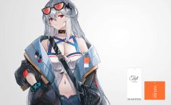 Rule 34 | 1girl, absurdres, arknights, bag, bare shoulders, black bag, black choker, black jacket, blue shorts, breasts, buckle, choker, duplicate, eyewear on head, hair between eyes, hand in pocket, head tilt, highres, infection monitor (arknights), jacket, jia redian ruzi ruzi, light smile, long hair, looking at viewer, medium breasts, no headwear, off shoulder, official alternate costume, open clothes, open fly, open jacket, parted bangs, pixel-perfect duplicate, red eyes, shirt, shorts, shoulder bag, silver hair, skadi (arknights), skadi (waverider) (arknights), snap-fit buckle, solo, sunglasses, teeth, upper body, very long hair, white background, white shirt