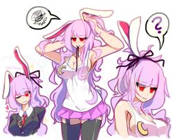 Rule 34 | 1girl, ?, alternate hairstyle, animal ears, blazer, breasts, rabbit ears, rabbit tail, cleavage, crescent, crescent pin, heart, highres, imagining, jacket, kaliningradg, large breasts, light purple hair, long hair, messy hair, miniskirt, one eye closed, ponytail, purple hair, red eyes, reisen udongein inaba, sideboob, skirt, sparkle, spoken question mark, spoken squiggle, squiggle, tail, thighhighs, touhou