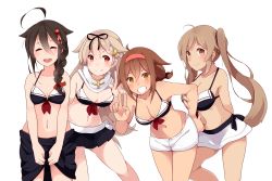 Rule 34 | 10s, 4girls, absurdres, ahoge, arms behind back, bad id, bad pixiv id, bikini, bikini top only, black hair, blonde hair, blush, braid, breasts, brown eyes, brown hair, cleavage, grin, hair flaps, hair ornament, hair ribbon, hairband, hairclip, highres, kantai collection, large breasts, leaning forward, long hair, looking at viewer, multiple girls, murasame (kancolle), open mouth, red eyes, red hairband, remodel (kantai collection), ribbon, sarong, shigure (kancolle), shiratsuyu (kancolle), simple background, single braid, smile, suruga (xsurugax), swimsuit, twintails, white background, yuudachi (kancolle)