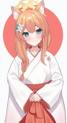 Rule 34 | 1girl, absurdres, animal ear fluff, animal ears, blue archive, blue eyes, blush, closed mouth, flower, hair flower, hair ornament, hakama, halo, highres, japanese clothes, long hair, long sleeves, looking at viewer, mari (blue archive), mikeran5648, miko, orange hair, red hakama, smile, solo, straight-on, white flower, wide sleeves, yellow halo