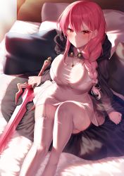 Rule 34 | 1girl, absurdres, bed, bed sheet, black cape, blush, braid, breasts, cape, closed mouth, commentary request, dress, garter straps, gem, gradient hair, highres, holding, holding sword, holding weapon, honeycomb (pattern), ia (ias1010), jewelry, large breasts, long sleeves, multicolored hair, necklace, on bed, original, pillow, pink hair, red eyes, red gemstone, red hair, ring, sitting, smile, solo, sword, thighhighs, weapon, white dress, white thighhighs