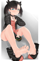 Rule 34 | absurdres, asymmetrical bangs, bare legs, barefoot, black choker, black hair, black jacket, blush, boots, choker, commentary, commentary request, creatures (company), dress, dusk ball, dyamond, feet, foot focus, game freak, green eyes, grey background, highres, holding, holding poke ball, hot, jacket, light blush, lipstick, looking to the side, makeup, marnie (pokemon), nail polish, nintendo, no socks, open clothes, open jacket, open mouth, pink dress, pink lips, poke ball, pokemon, pokemon swsh, shoes, sitting, smell, smoke, solo, steam, sweat, toenail polish, toenails, toes, twintails, unworn boots, unworn shoes